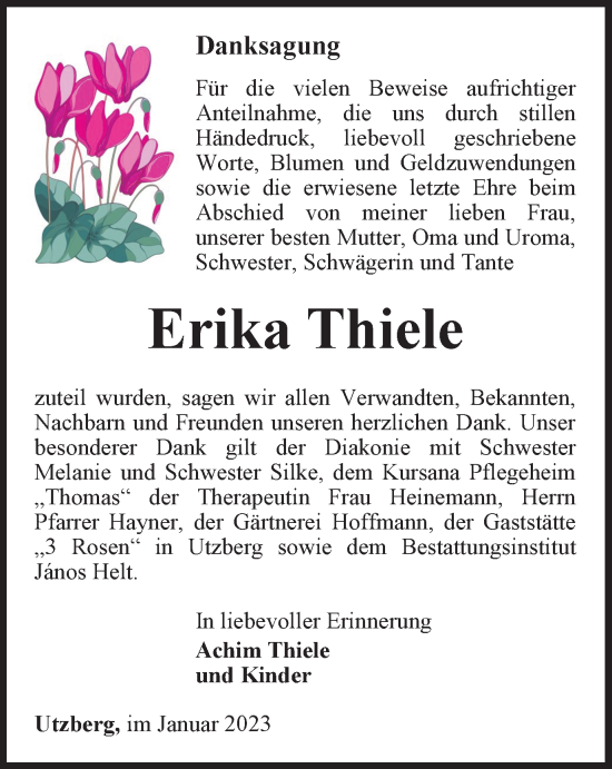 Traueranzeige von Erika Thiele von Thüringer Allgemeine, Thüringische Landeszeitung