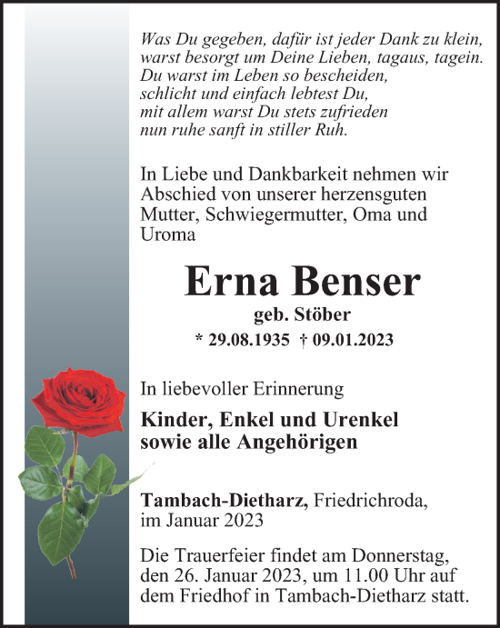 Traueranzeige von Erna Benser von Thüringer Allgemeine, Thüringische Landeszeitung