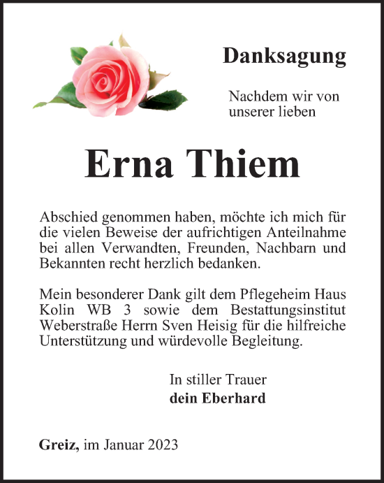 Traueranzeige von Erna Thiem von Ostthüringer Zeitung