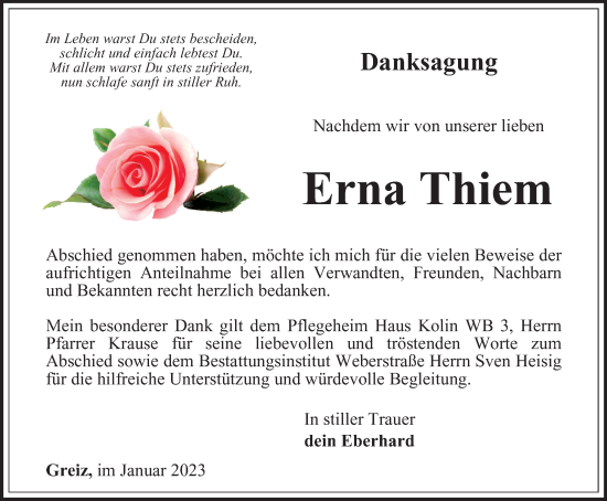 Traueranzeige von Erna Thiem von Ostthüringer Zeitung