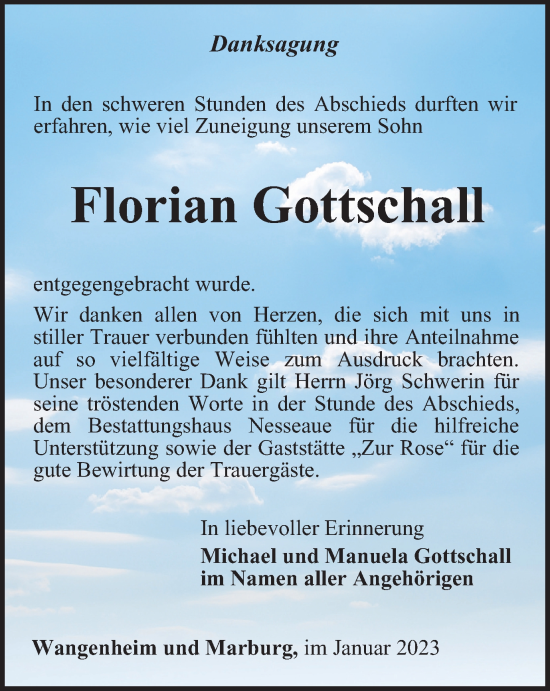 Traueranzeige von Florian Gottschall von Thüringer Allgemeine, Thüringische Landeszeitung