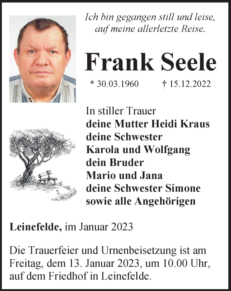  Traueranzeige für Frank Seele vom 10.01.2023 aus Thüringer Allgemeine