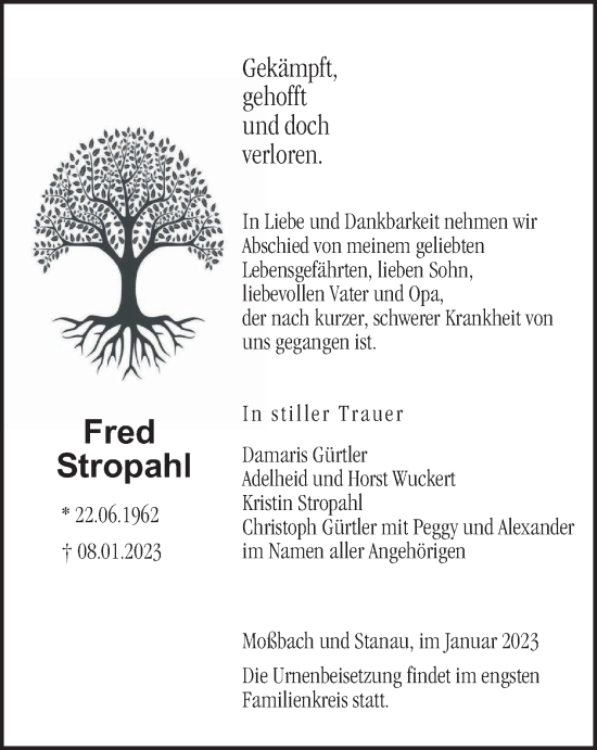 Traueranzeige von Fred Stropahl