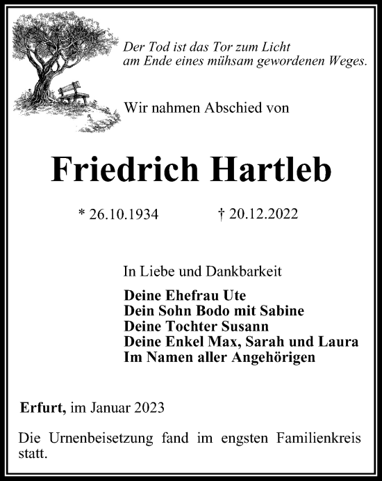 Traueranzeige von Friedrich Hartleb von Thüringer Allgemeine, Thüringische Landeszeitung