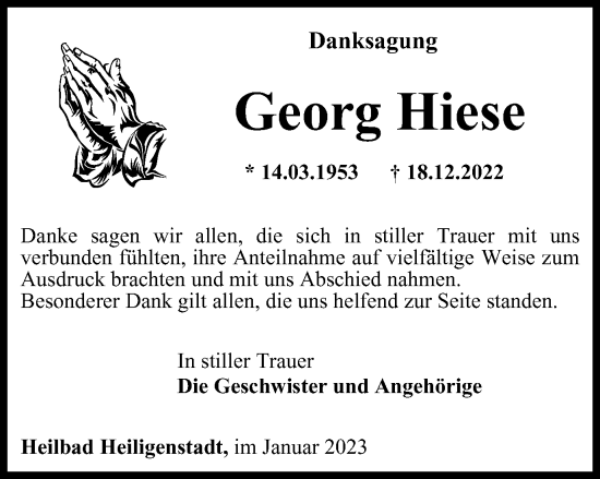 Traueranzeige von Georg Hiese von Thüringer Allgemeine