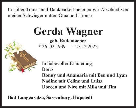 Traueranzeige von Gerda Wagner von Thüringer Allgemeine, Thüringische Landeszeitung