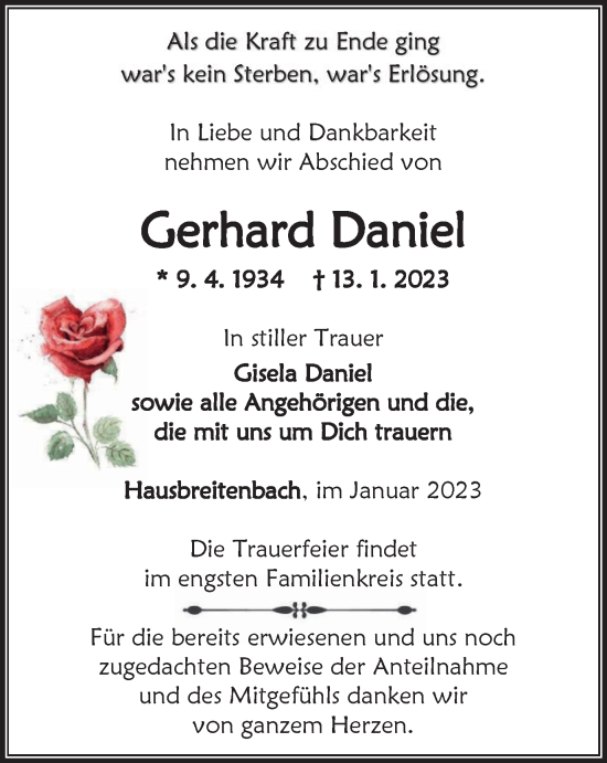 Traueranzeige von Gerhard Daniel von Thüringer Allgemeine, Thüringische Landeszeitung