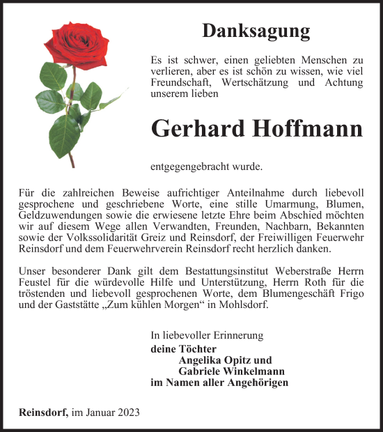 Traueranzeige von Gerhard Hoffmann von Ostthüringer Zeitung