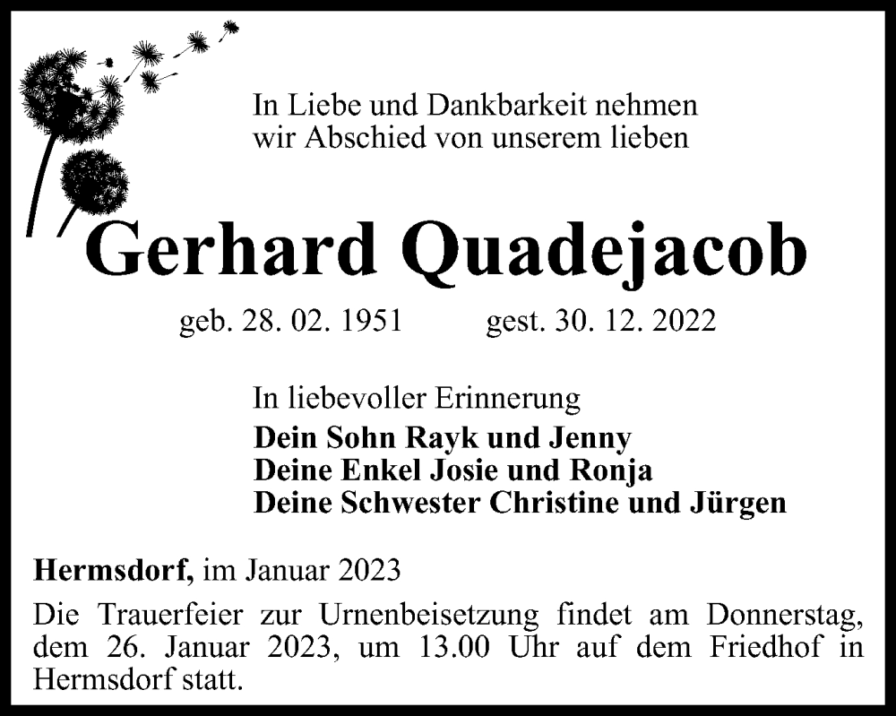 Traueranzeige für Gerhard Quadejacob vom 14.01.2023 aus Ostthüringer Zeitung