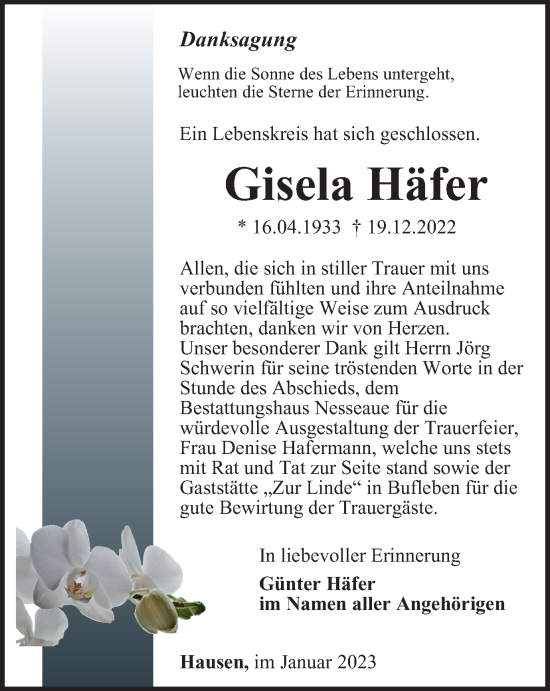 Traueranzeige von Gisela Häfer von Thüringer Allgemeine, Thüringische Landeszeitung