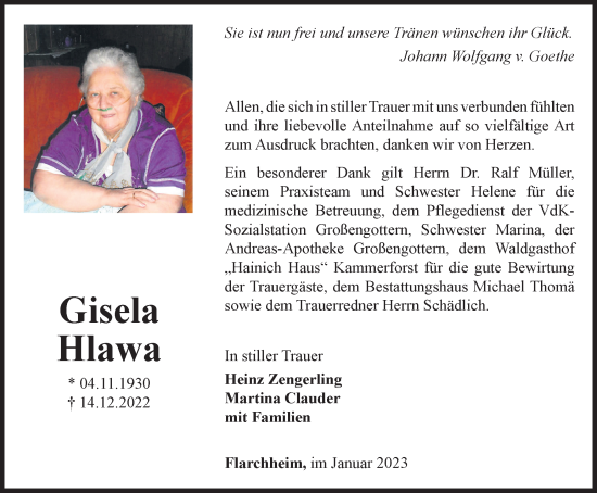 Traueranzeige von Gisela Hlawa von Thüringer Allgemeine, Thüringische Landeszeitung