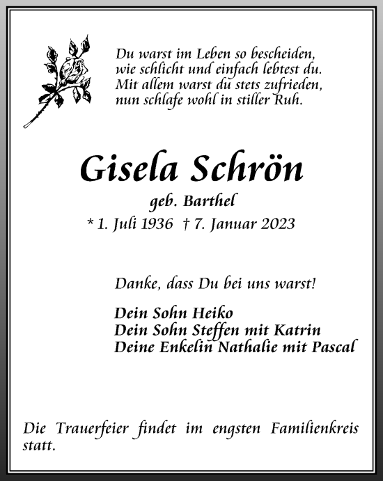 Traueranzeige von Gisela Schrön von Thüringer Allgemeine, Thüringische Landeszeitung