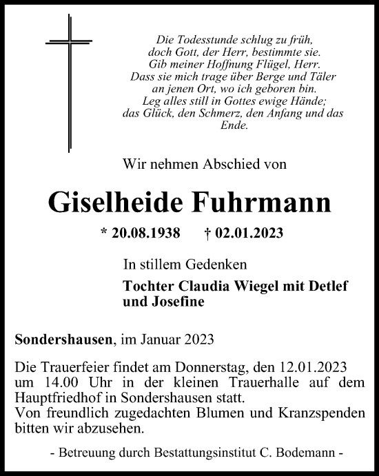 Traueranzeige von Giselheide Fuhrmann