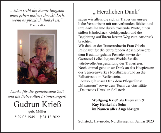 Traueranzeige von Gudrun Krieß von Thüringer Allgemeine