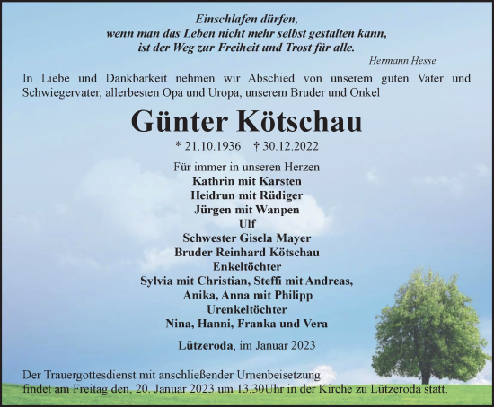 Traueranzeige von Günter Kötschau von Ostthüringer Zeitung