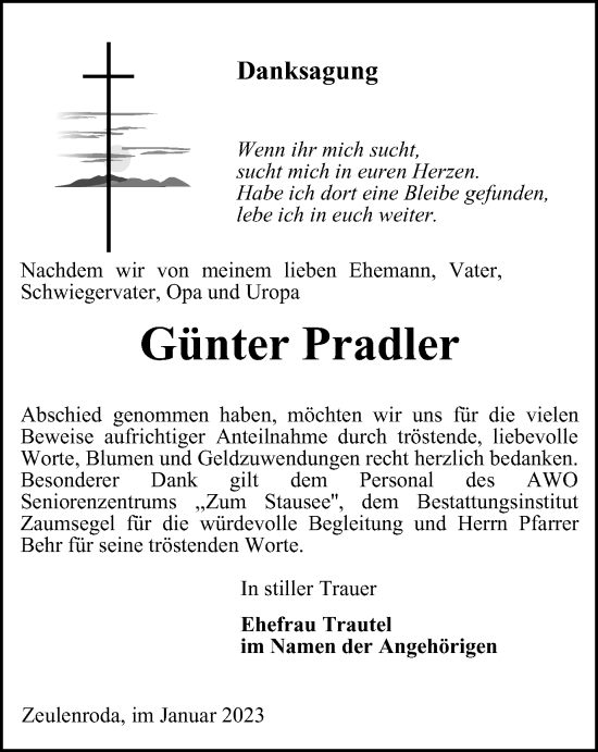 Traueranzeige von Günter Pradler von Ostthüringer Zeitung