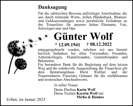 Traueranzeige von Günter Wolf von Thüringer Allgemeine, Thüringische Landeszeitung