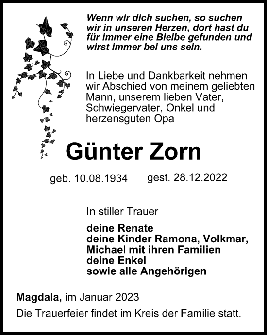 Traueranzeige von Günter Zorn von Thüringer Allgemeine, Thüringische Landeszeitung
