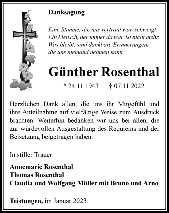 Traueranzeige von Günther Rosenthal von Thüringer Allgemeine