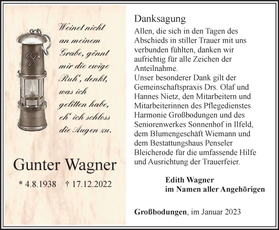 Traueranzeige von Gunter Wagner von Thüringer Allgemeine