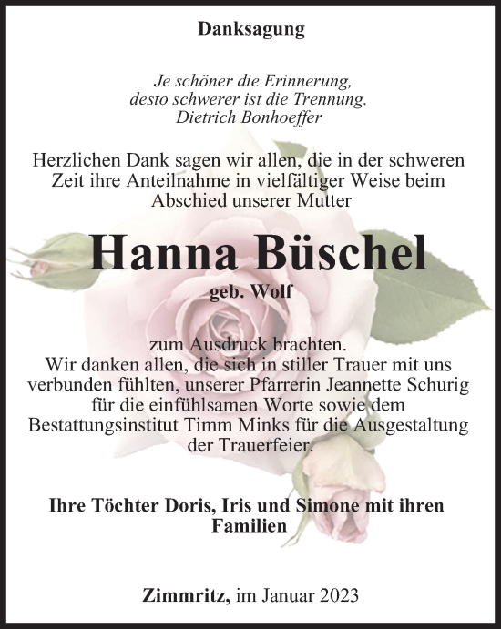 Traueranzeige von Hanna Büschel von Ostthüringer Zeitung