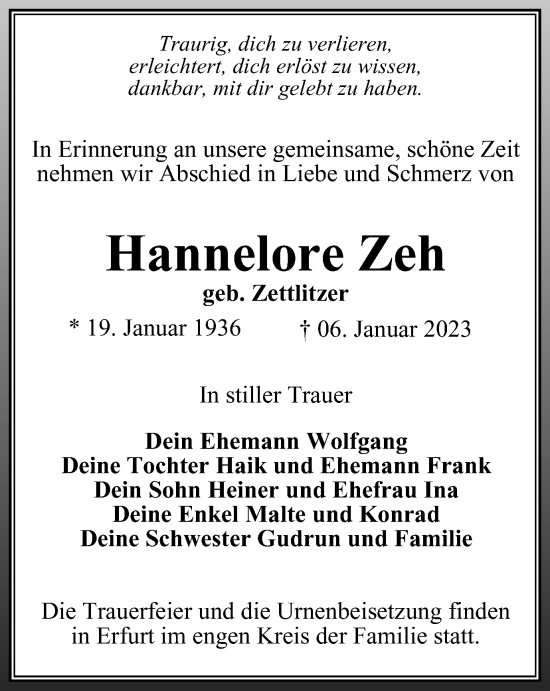 Traueranzeige von Hannelore Zeh