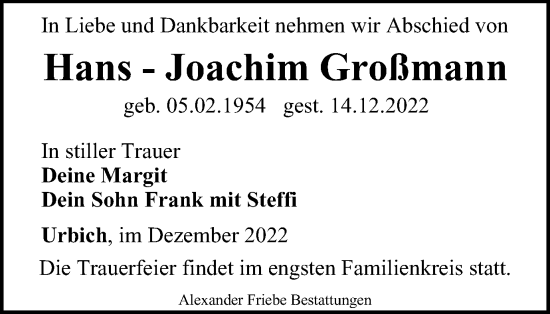 Traueranzeige von Hans-Joachim  Großmann