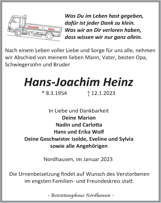 Traueranzeige von Hans-Joachim Heinz von Thüringer Allgemeine