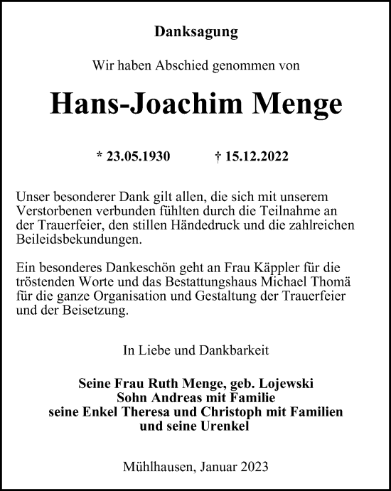Traueranzeige von Hans-Joachim Menge von Thüringer Allgemeine, Thüringische Landeszeitung