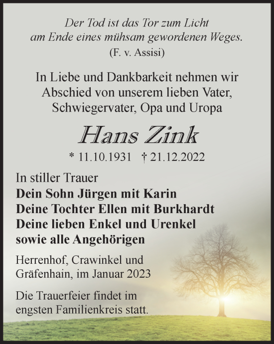 Traueranzeige von Hans Zink von Thüringer Allgemeine, Thüringische Landeszeitung