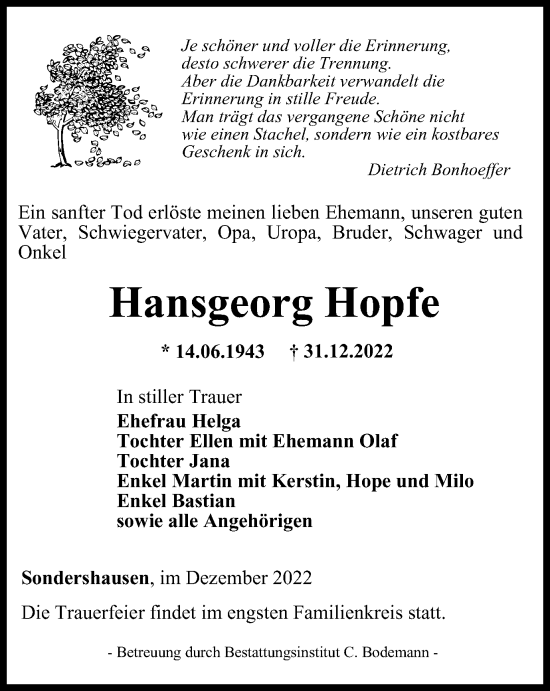 Traueranzeige von Hansgeorg Hopfe von Thüringer Allgemeine