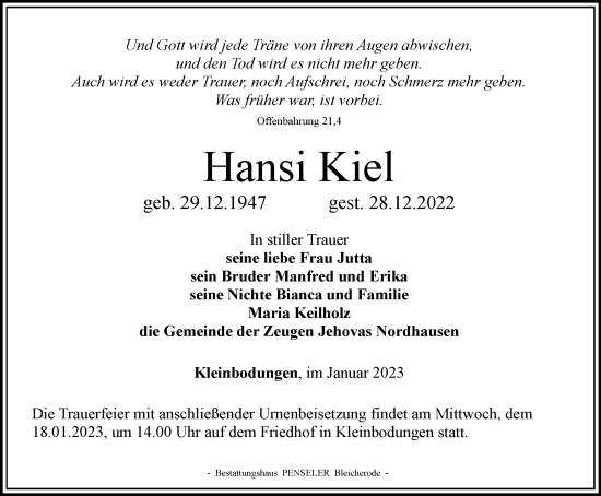 Traueranzeige von Hansi Kiel von Thüringer Allgemeine