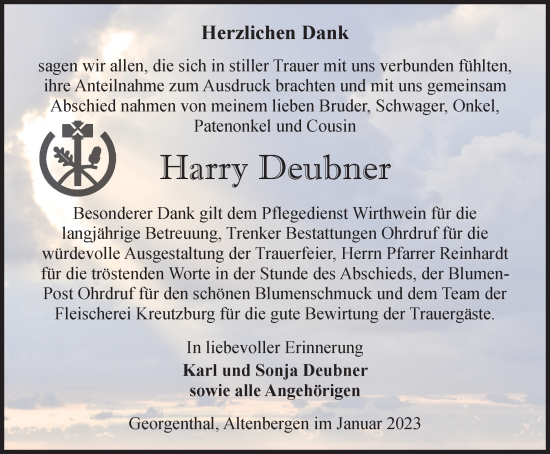 Traueranzeige von Harry Deubner von Thüringer Allgemeine, Thüringische Landeszeitung