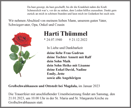 Traueranzeige von Harti Thümmel