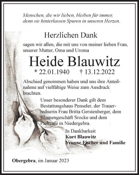 Traueranzeige von Heide Blauwitz von Thüringer Allgemeine