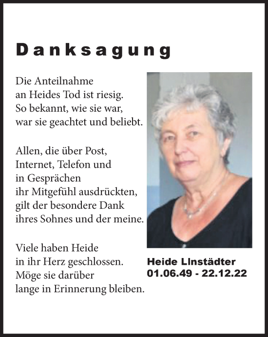 Traueranzeige von Heide Linstädter von Thüringer Allgemeine, Thüringische Landeszeitung