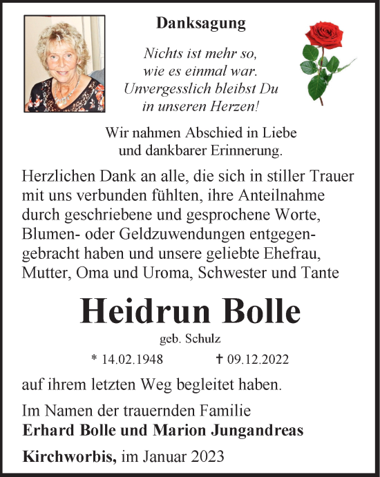 Traueranzeige von Heidrun Bolle von Thüringer Allgemeine
