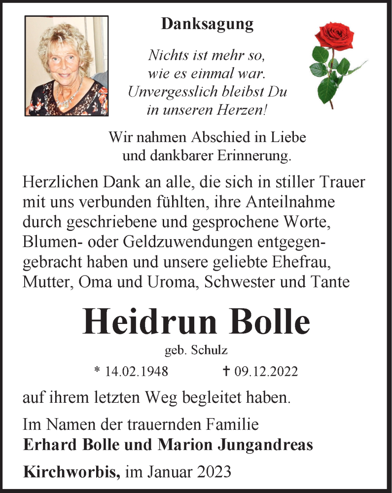  Traueranzeige für Heidrun Bolle vom 07.01.2023 aus Thüringer Allgemeine