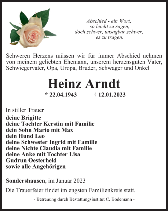 Traueranzeige von Heinz Arndt