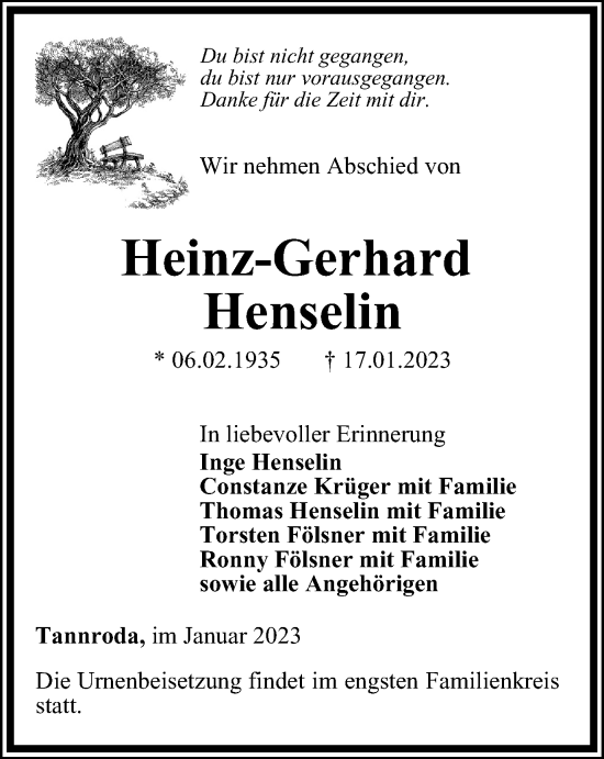 Traueranzeige von Heinz-Gerhard Henselin