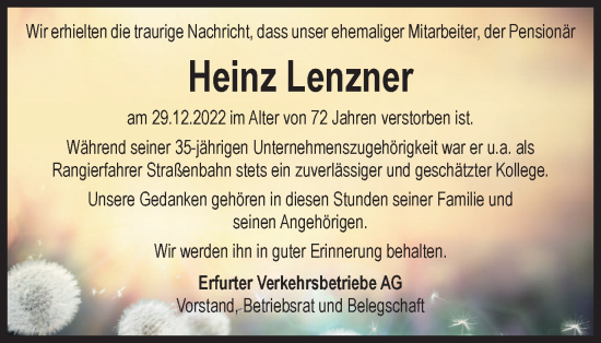 Traueranzeige von Heinz Lenzner von Thüringer Allgemeine, Thüringische Landeszeitung