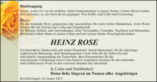Traueranzeige von Heinz Rose von Thüringer Allgemeine, Thüringische Landeszeitung