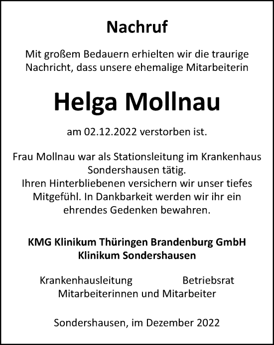 Traueranzeige von Helga Mollnau von Thüringer Allgemeine