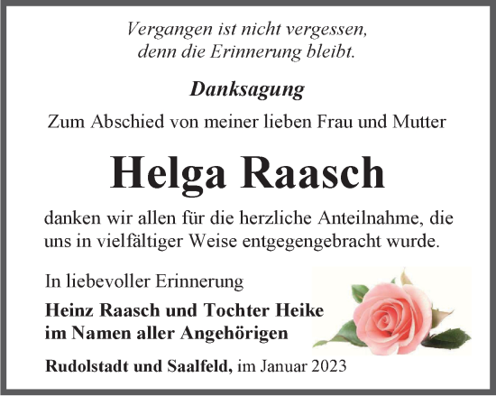 Traueranzeige von Helga Raasch von Ostthüringer Zeitung