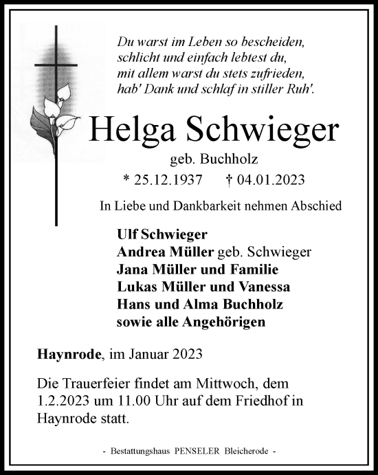 Traueranzeige von Helga Schwieger von Thüringer Allgemeine