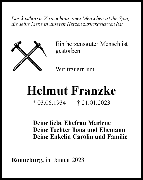 Traueranzeige von Helmut Franzke von Ostthüringer Zeitung