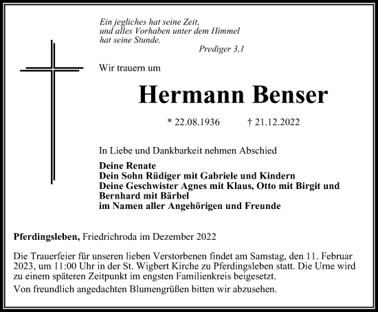 Traueranzeige von Hermann Benser von Thüringer Allgemeine, Thüringische Landeszeitung