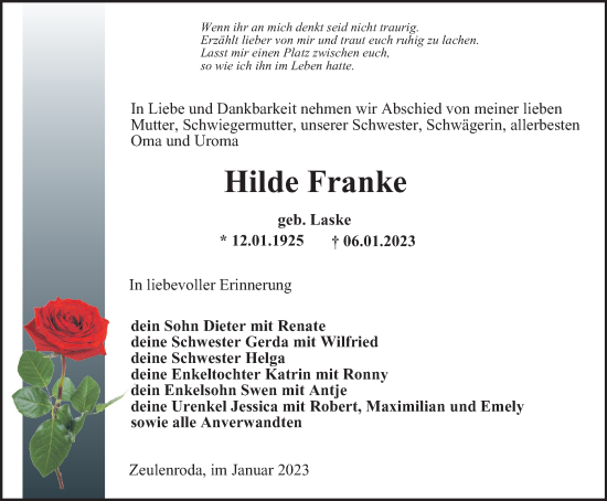 Traueranzeige von Hilde Franke von Ostthüringer Zeitung