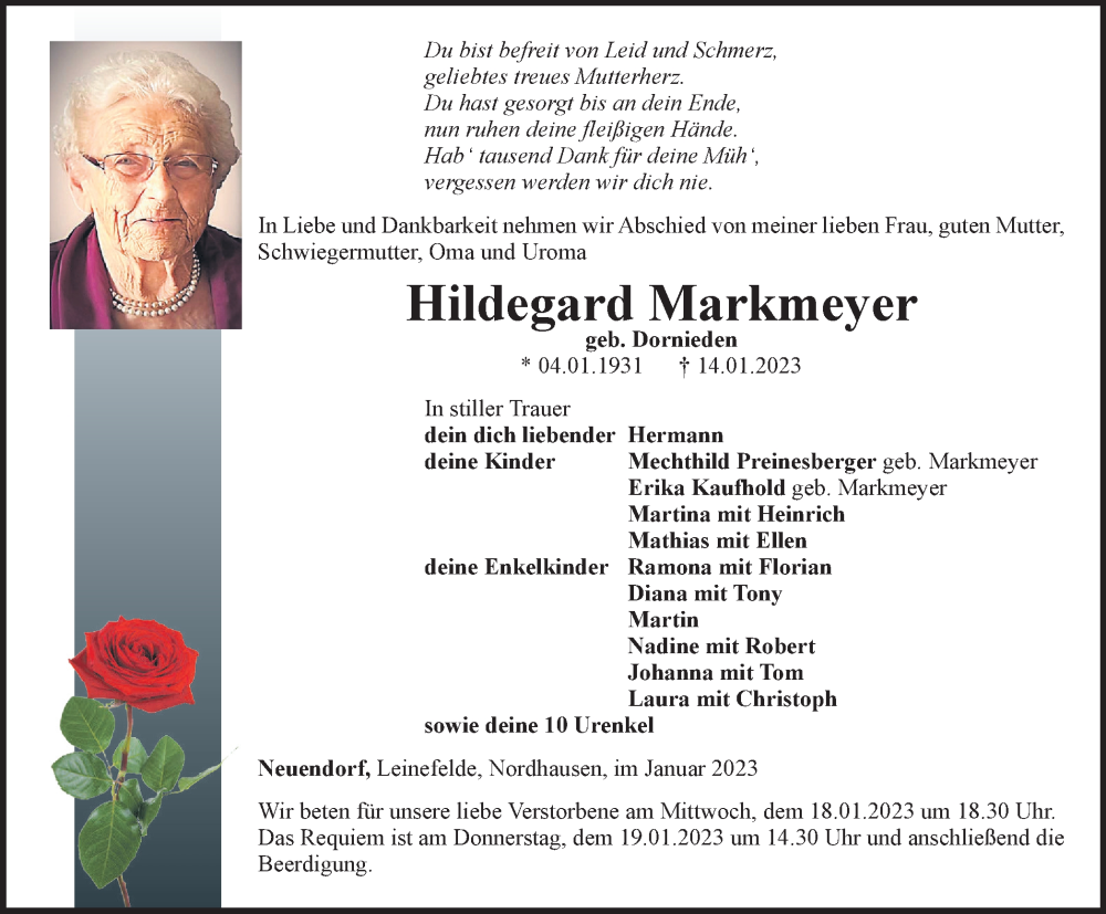  Traueranzeige für Hildegard Markmeyer vom 18.01.2023 aus Thüringer Allgemeine