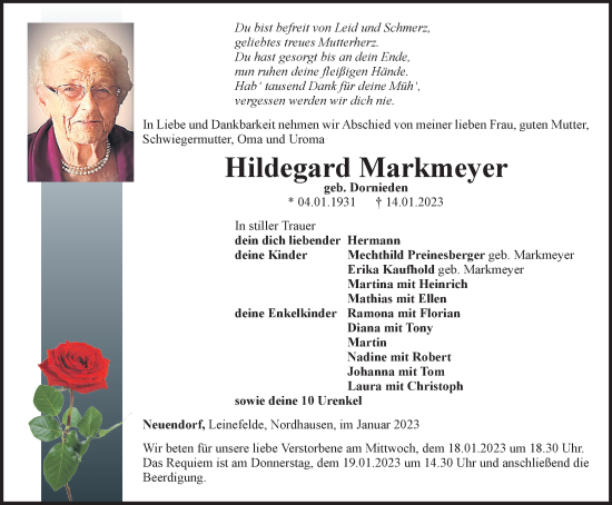 Traueranzeige von Hildegard Markmeyer von Thüringer Allgemeine